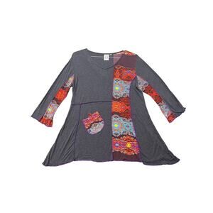 Parsley and Sage Patchwork Tunic M Women's Top *HOLE* 3/4sleeve Gray Boho A-line